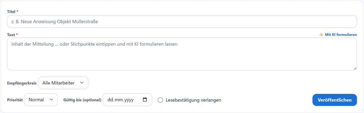 Formular für eine neue Ankündigung