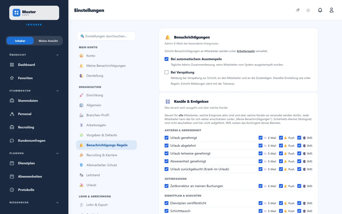 Benachrichtigungs-Regeln: Admin-Hinweise und Recruiting-Benachrichtigung.