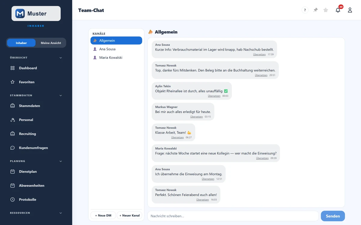 Chat-Ansicht mit Kanälen, Direktnachrichten und Verlauf