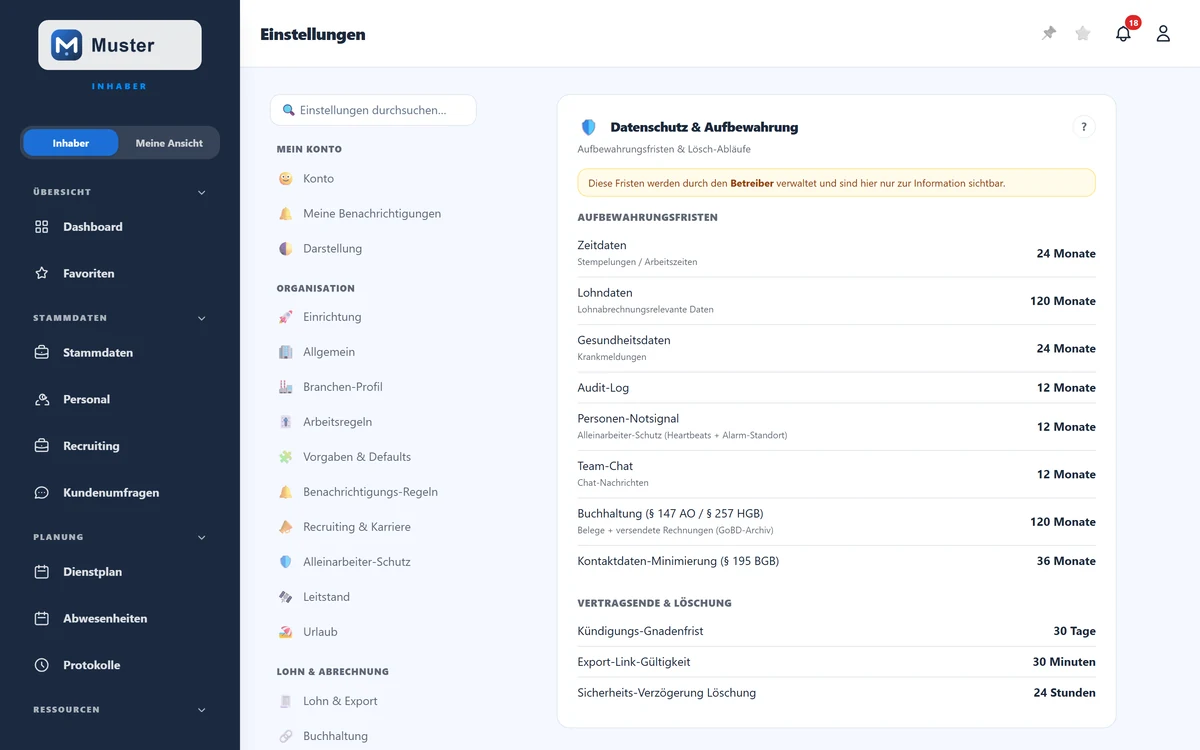 Aufbewahrungsfristen und Lösch-Abläufe, nur zur Information.