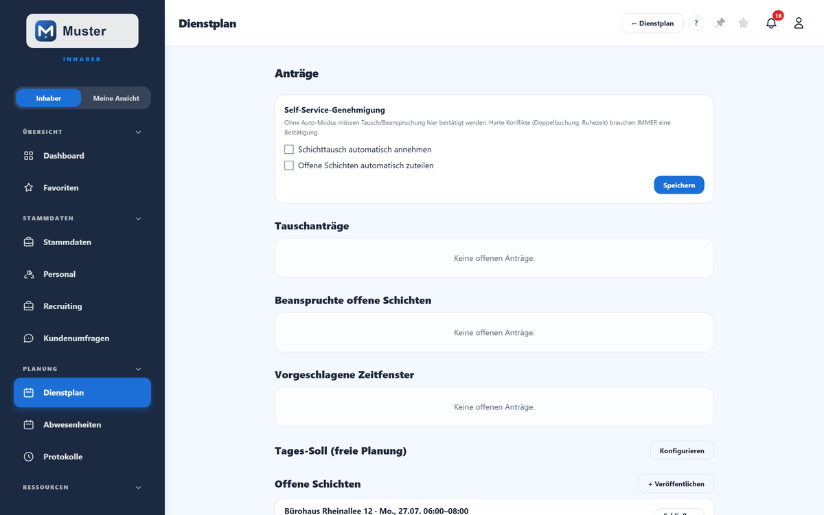 Anträge: Tausch, offene Schichten, Self-Service.