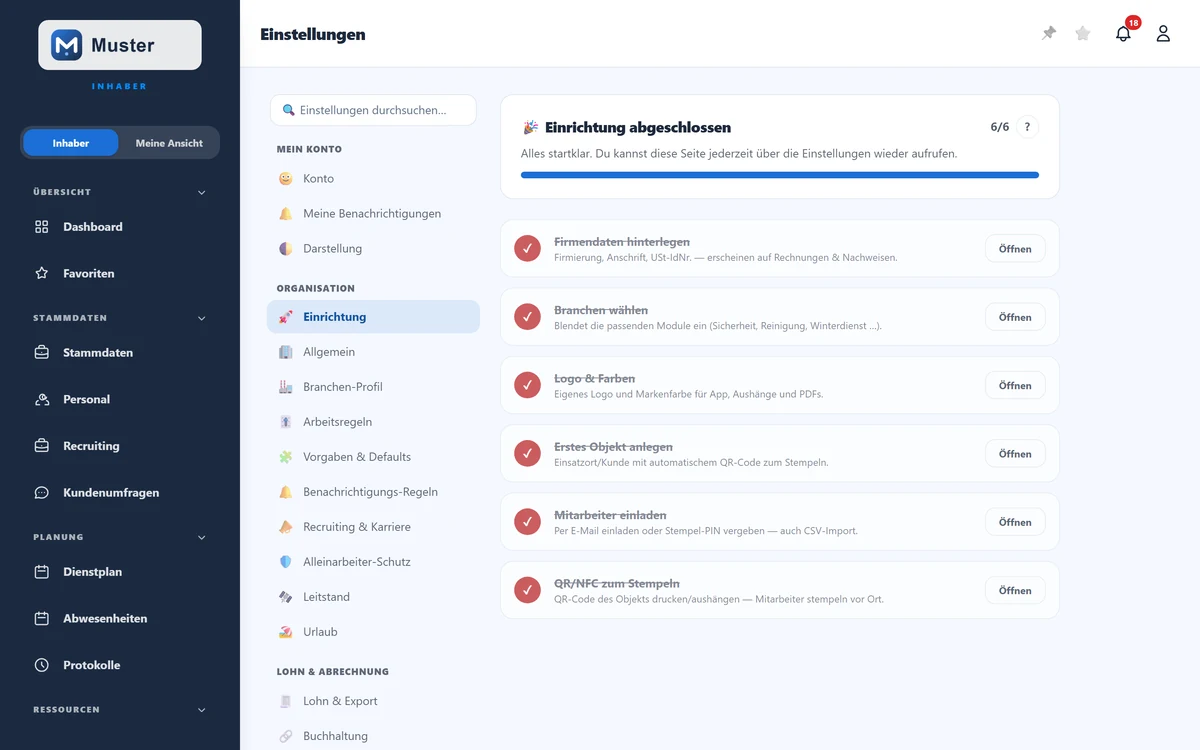 Die Einrichtungs-Checkliste mit Fortschritt, hier alle 6 Schritte erledigt.