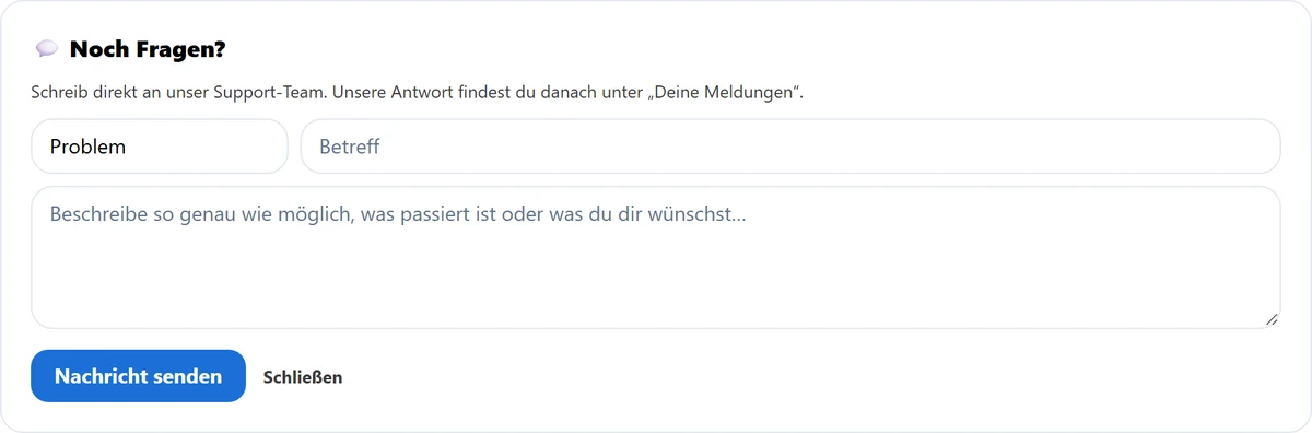 Die Karte „Noch Fragen?" in der Hilfe, aufgeklappt.