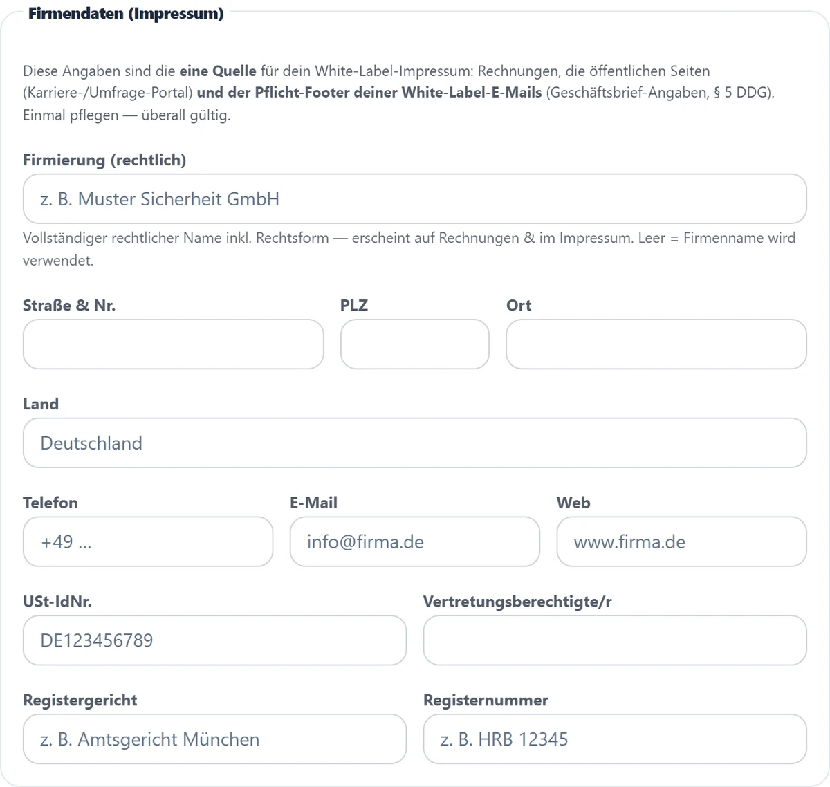 Die Firmendaten fürs Impressum: eine Quelle für Rechnungen, Portale und E-Mail-Footer.