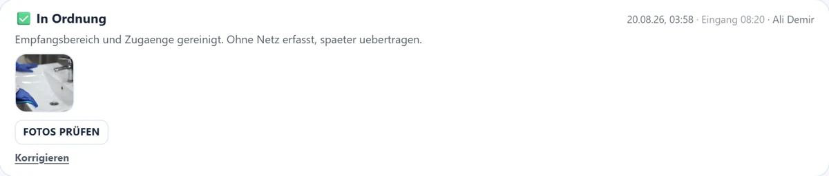 Ein ohne Netz erfasster Nachweis: führend steht die Aufnahmezeit am Gerät (03:58), der Server-Eingang steht daneben (08:20). Fallen beide zusammen, wird nur eine Zeit angezeigt.