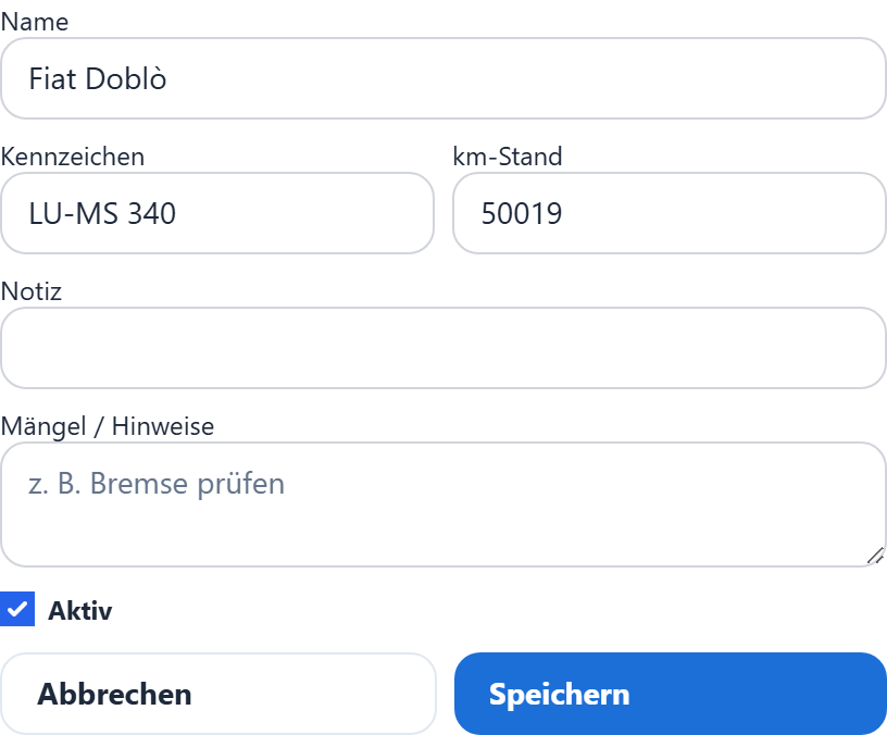 Fahrzeug bearbeiten: km-Stand, Notiz, Mängel.