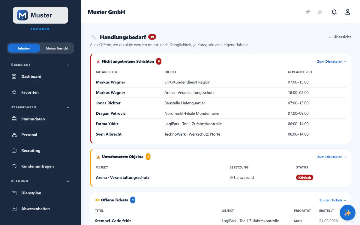 Handlungsbedarf, hier auf dem Tablet: je Kategorie eine Tabelle mit dem Weg zum Erledigen.