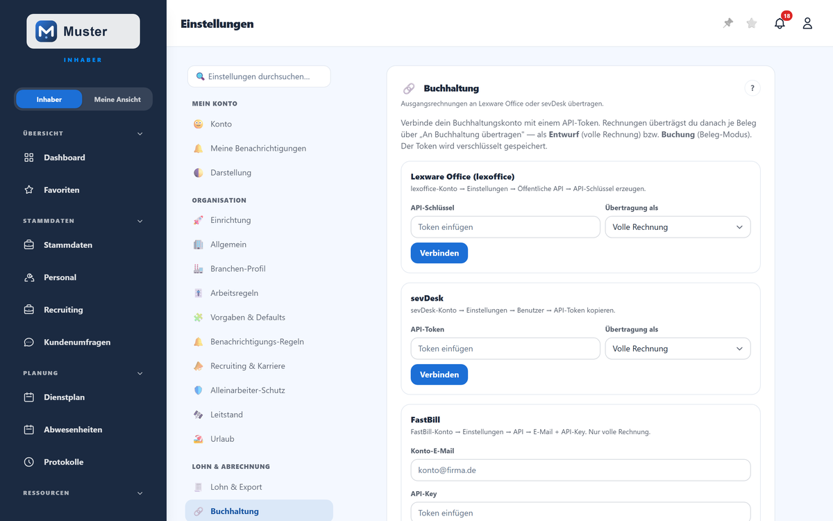 Buchhaltung: ein Konto je Anbieter mit API-Token verbinden.