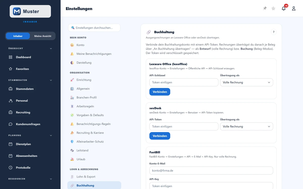 Buchhaltung: ein Konto je Anbieter mit API-Token verbinden.