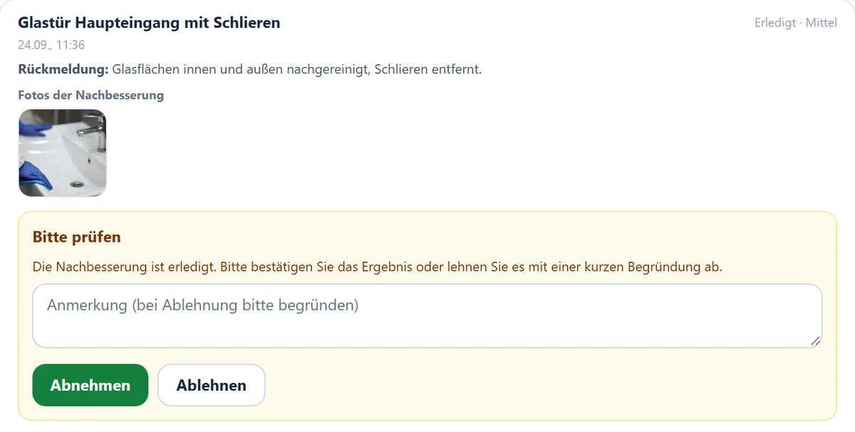 „Bitte prüfen" im Auftraggeber-Portal: Rückmeldung, Nachher-Foto, Abnehmen oder Ablehnen.