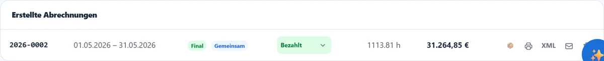 Bestehende Abrechnungen mit Aktionen.