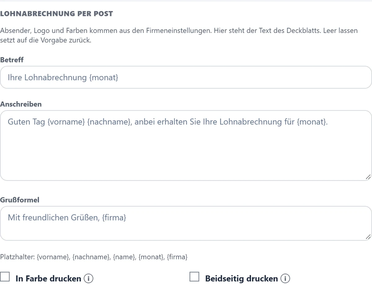Das Anschreiben für die Lohnabrechnung per Post.