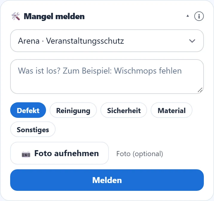 Die aufgeklappte Meldekarte auf dem Dashboard, hier ohne laufende Stempelung mit Objektauswahl.