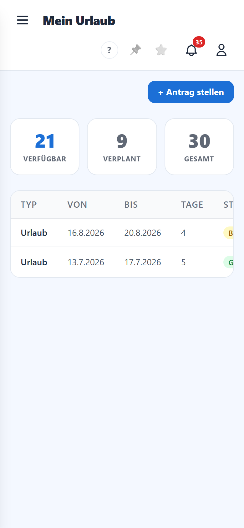 Resturlaub-Übersicht und deine Anträge.