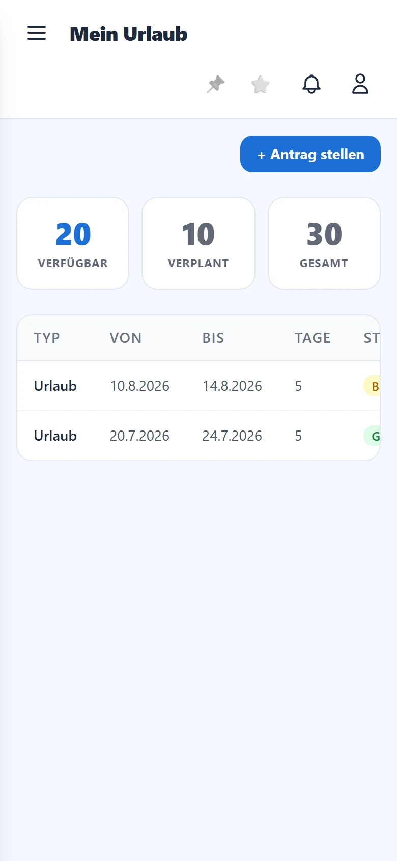 Resturlaub-Übersicht und deine Anträge.