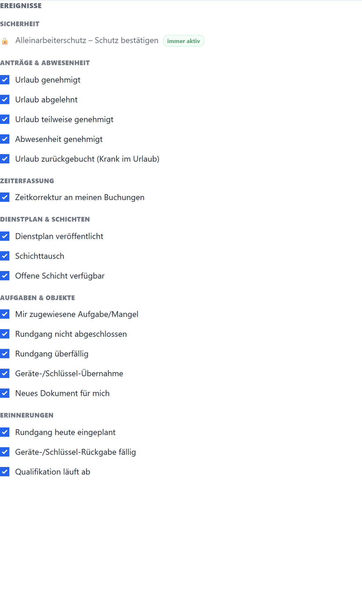 Ereignis-Auswahl — hake an, was dich erreichen soll.
