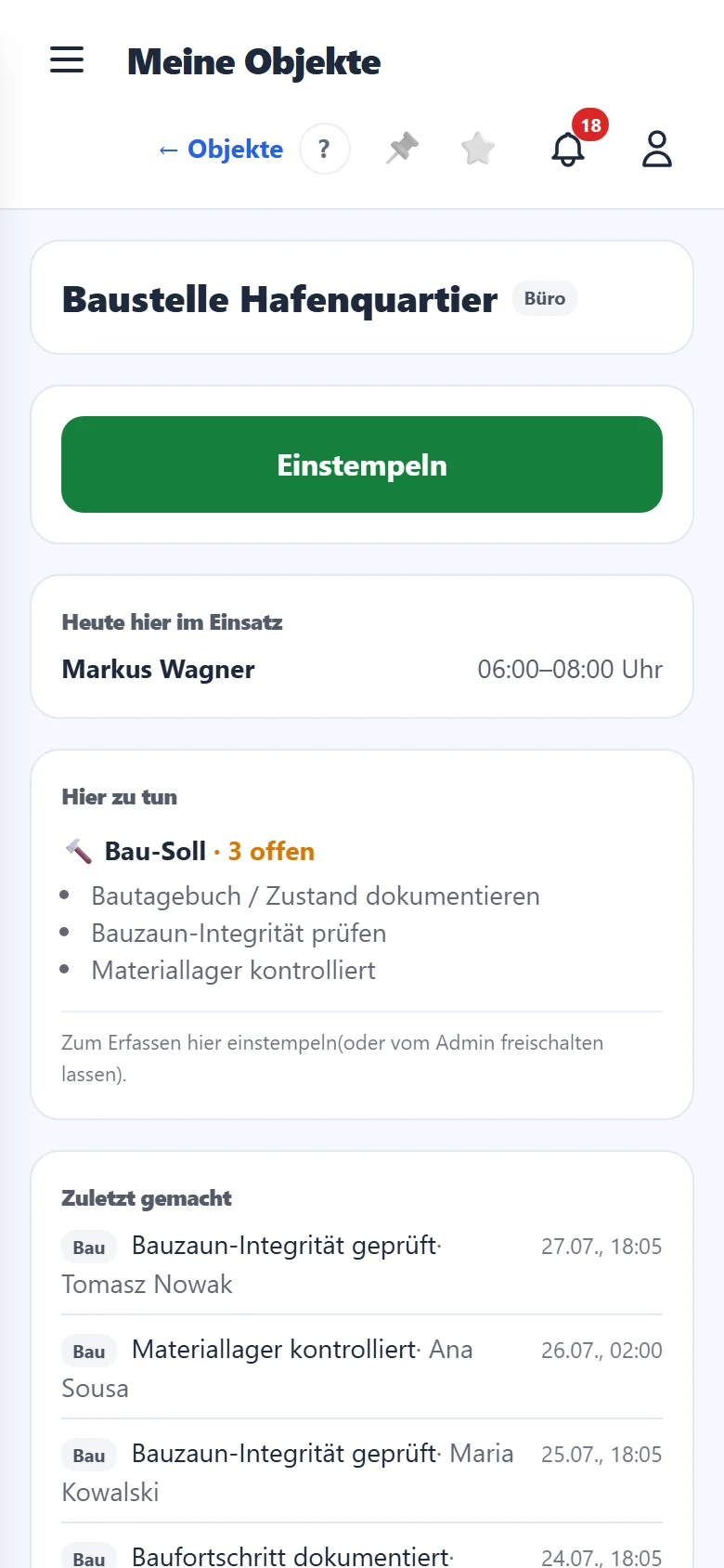 Die Objekt-Detailseite mit Einsatz und Aufgaben.