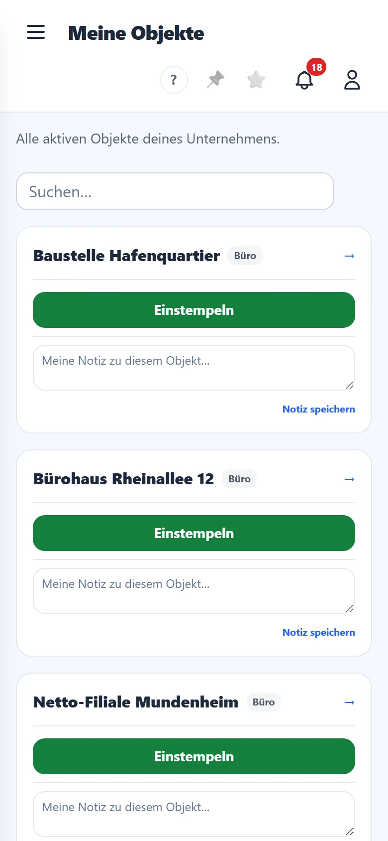 Deine Objekte als Karten, mit Adresse und Einstempeln.
