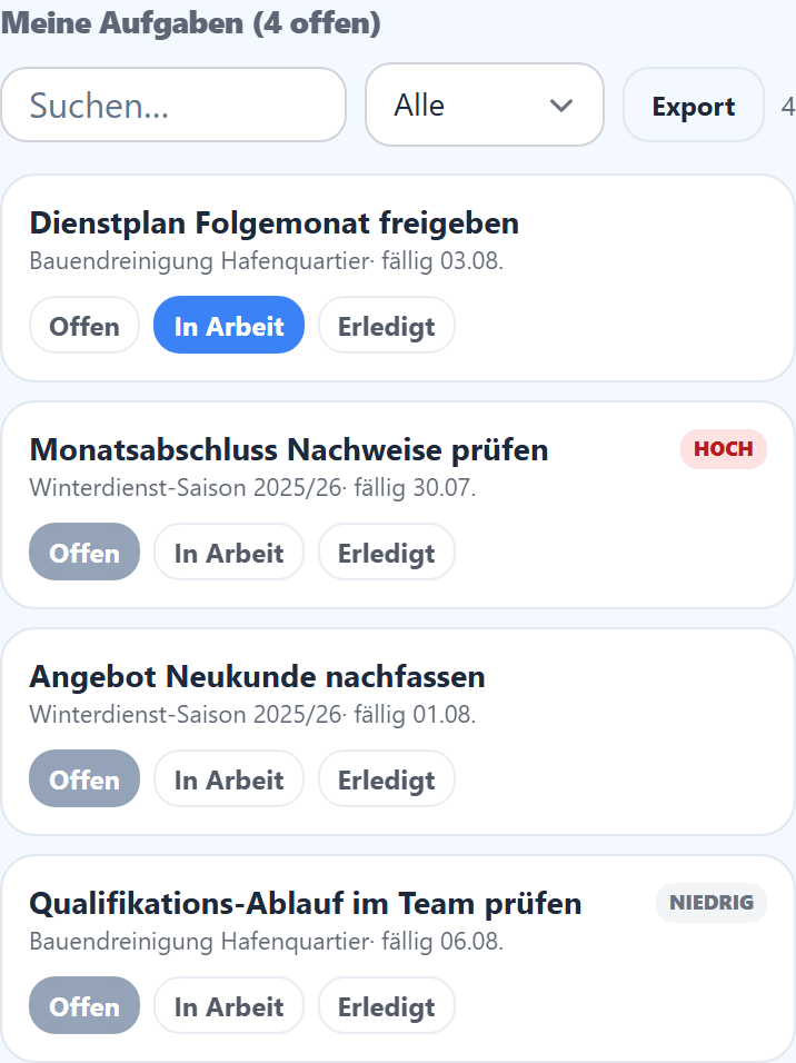 Deine Aufgaben mit Status-Knöpfen.