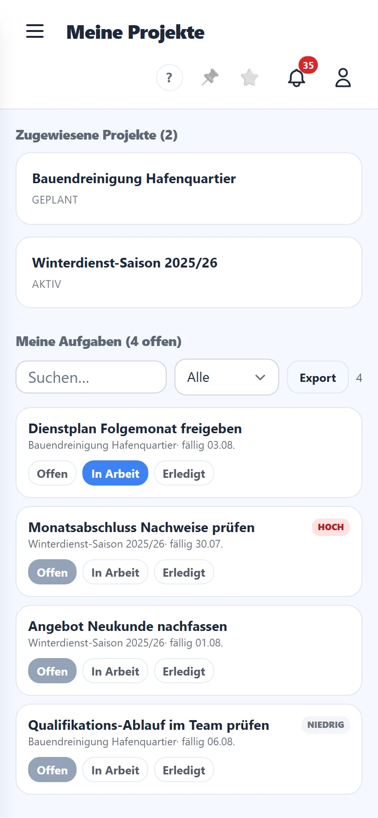 Deine Projekte und Aufgaben mit Status.