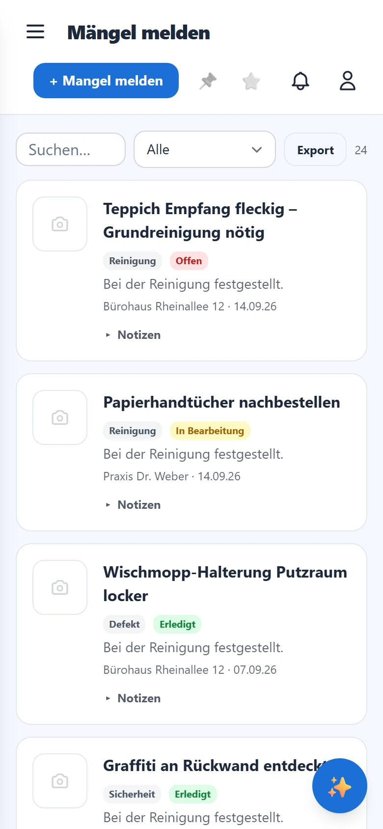 Deine Meldungen mit Kategorie und Status.