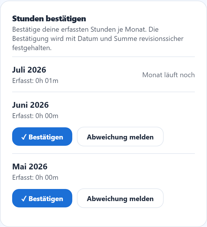 Monatsstunden bestätigen oder Abweichung melden.