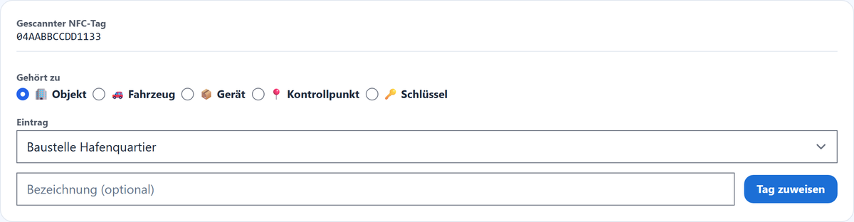 Das Zuweisungs-Panel nach einem Tag-Scan.