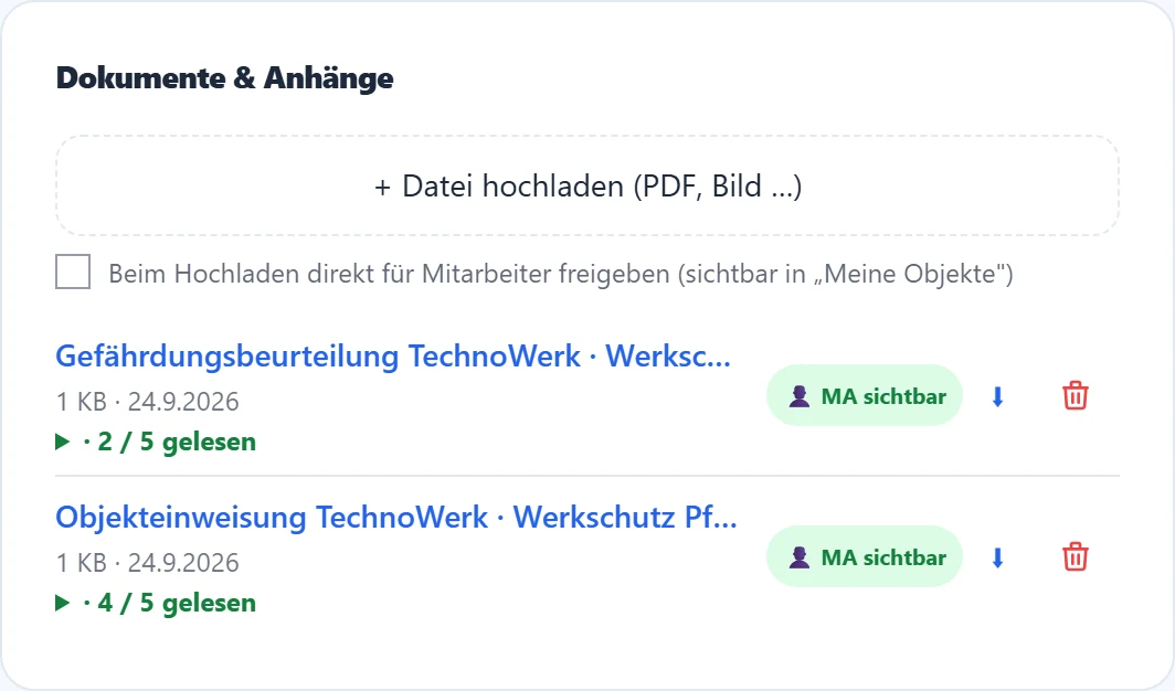 Die Dokumentenliste am Objekt: je freigegebenem Dokument die Lesequote, aufklappbar mit Namen und Datum.