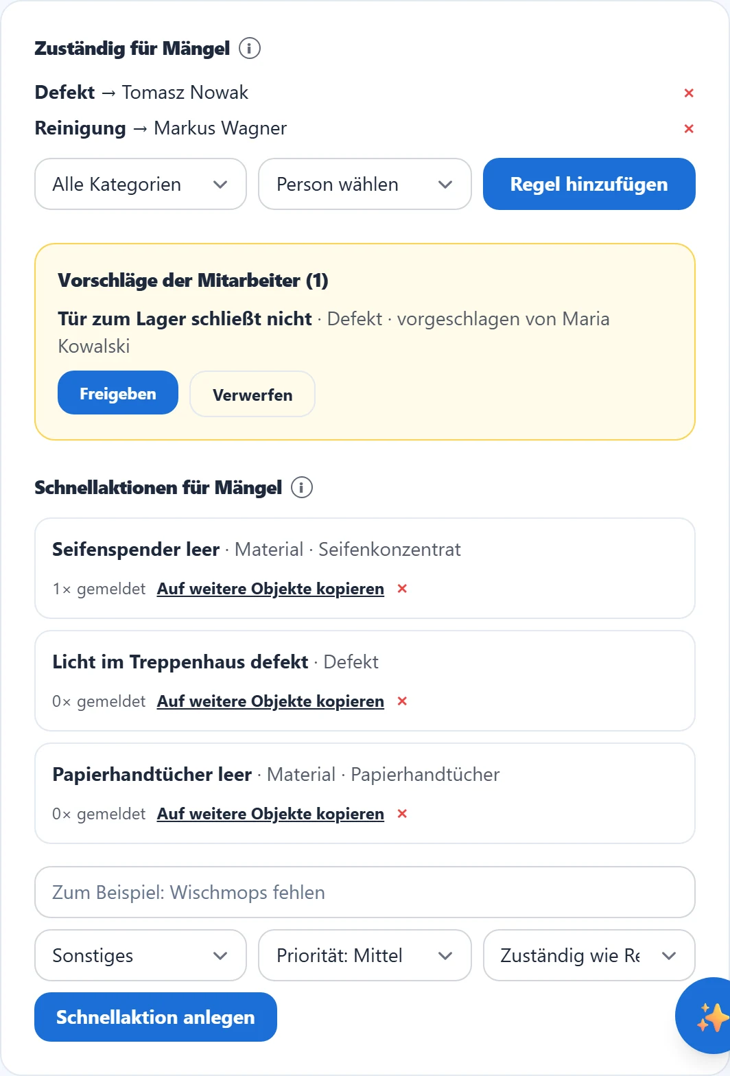 Zuständigkeitsregeln, ein Vorschlag, der auf Freigabe wartet, und die Schnellaktionen dieses Objekts.