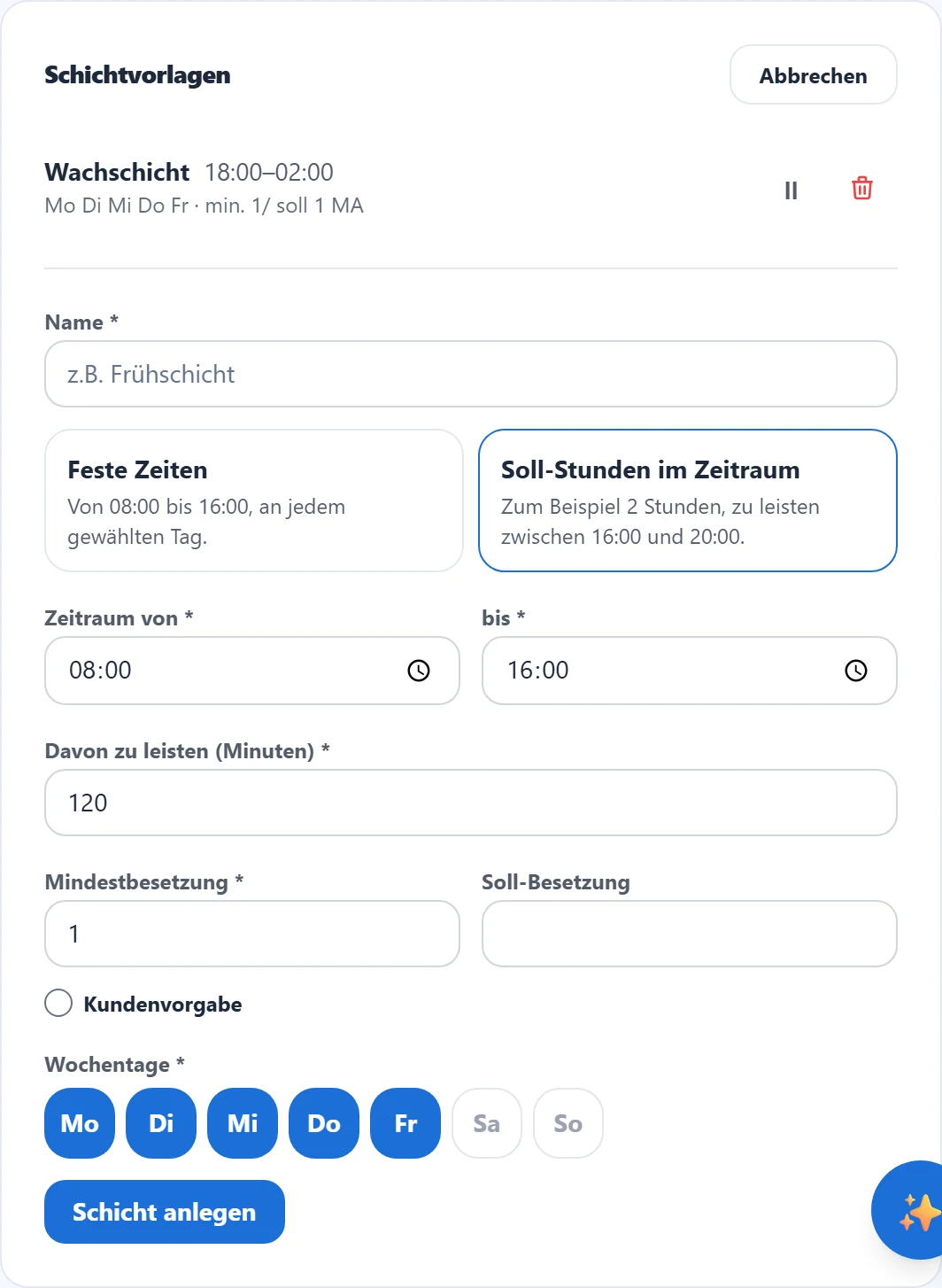 Die Wahl steht oben. Hier ist „Soll-Stunden im Zeitraum" gewählt, deshalb erscheint zusätzlich das Feld „Davon zu leisten (Minuten)".