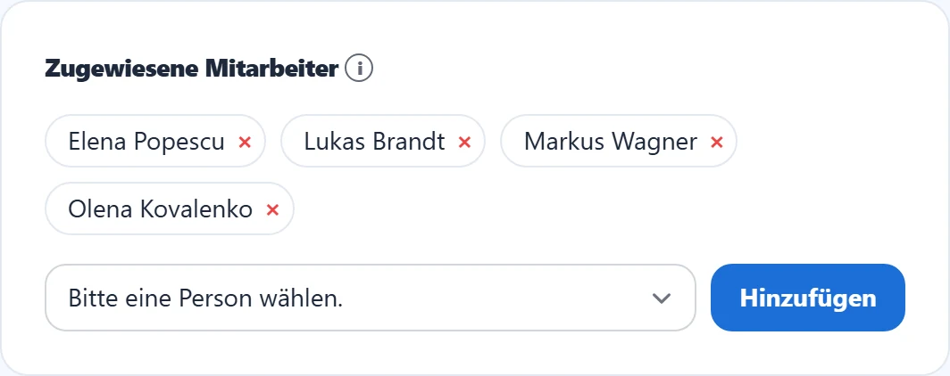 Zugewiesene Mitarbeiter am Objekt. Der Stern kennzeichnet die Hauptzuständigkeit.