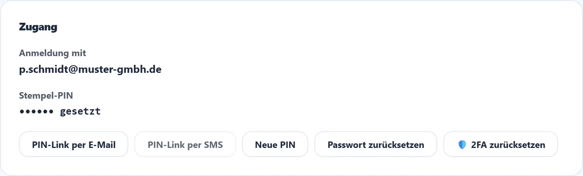 Der Kasten „Zugang" im Reiter „Account": ganz oben die Adresse, mit der sich die Person anmeldet.