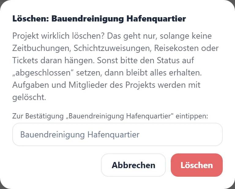 Der Dialog verlangt den Projektnamen als Eingabe und nennt die Bedingungen.