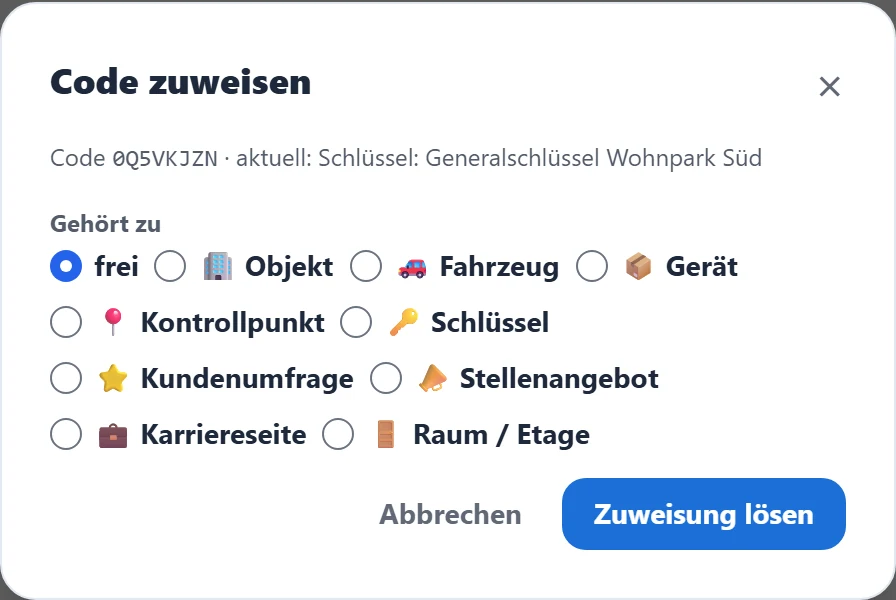 Das Zuweisungs-Fenster mit den Zieltypen.