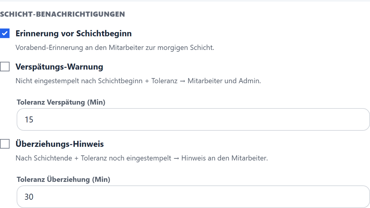 Schicht-Benachrichtigungen mit Toleranzen für Verspätung und Überziehung.