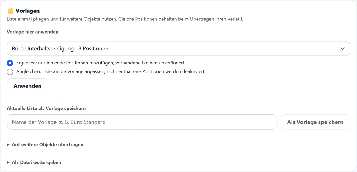 Der Kasten „Vorlagen" im Reiter „Soll": anwenden, speichern, übertragen, als Datei weitergeben.
