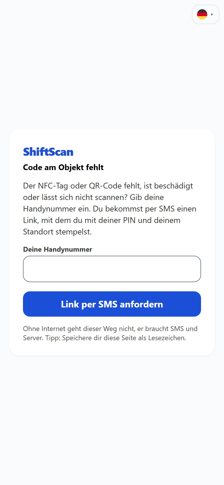 Der Einstieg „Code am Objekt fehlt": Handynummer eingeben, Link per SMS anfordern.