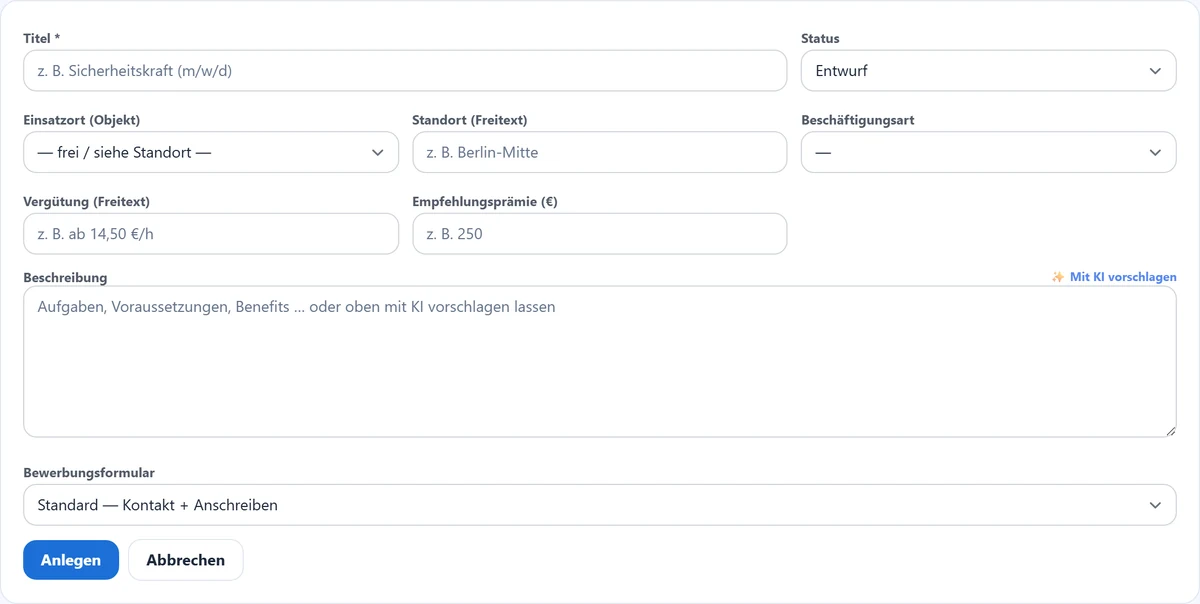 Stellen-Editor, in dem der KI-Entwurf landet