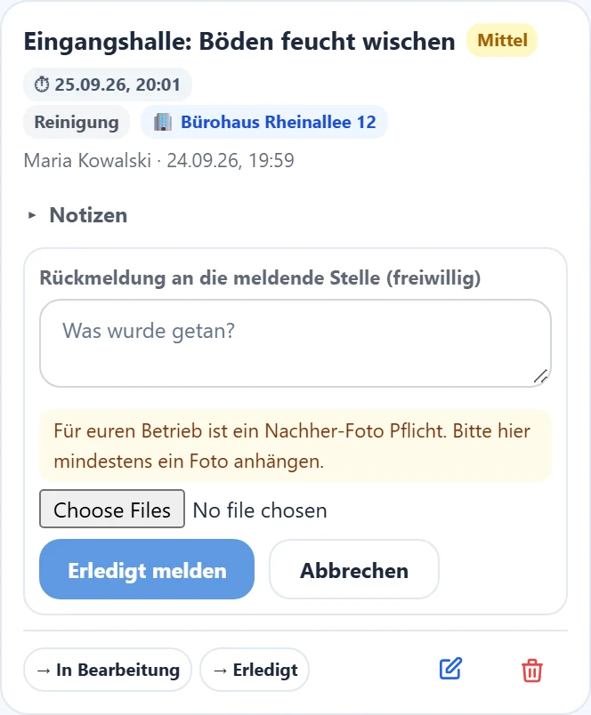 Der Abschlussdialog, hier mit Pflichtfoto.