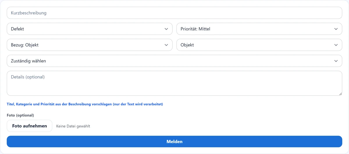 Ticket melden mit Vorschlag für Kategorie und Priorität