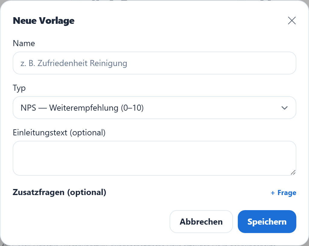 Der Vorlagen-Editor (NPS/CSAT + Zusatzfragen).