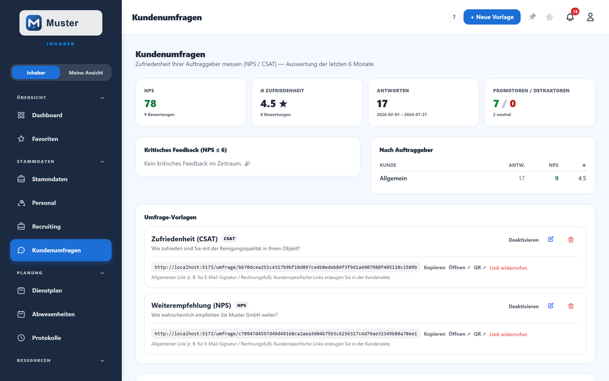 Die Umfragen-Auswertung mit NPS, CSAT und Feedback je Kunde.
