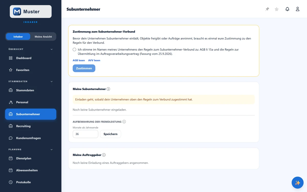 Die Seite „Subunternehmer“: oben die Zustimmung zu den Regeln, darunter „Meine Subunternehmer“ und „Meine Auftraggeber“.
