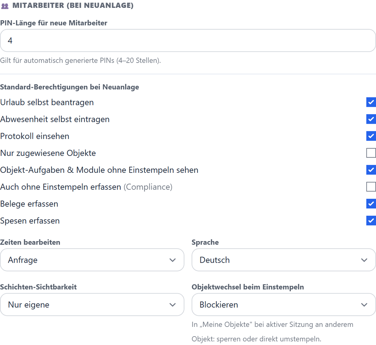 Mitarbeiter-Defaults: PIN-Länge, Berechtigungen und Sichtbarkeiten.