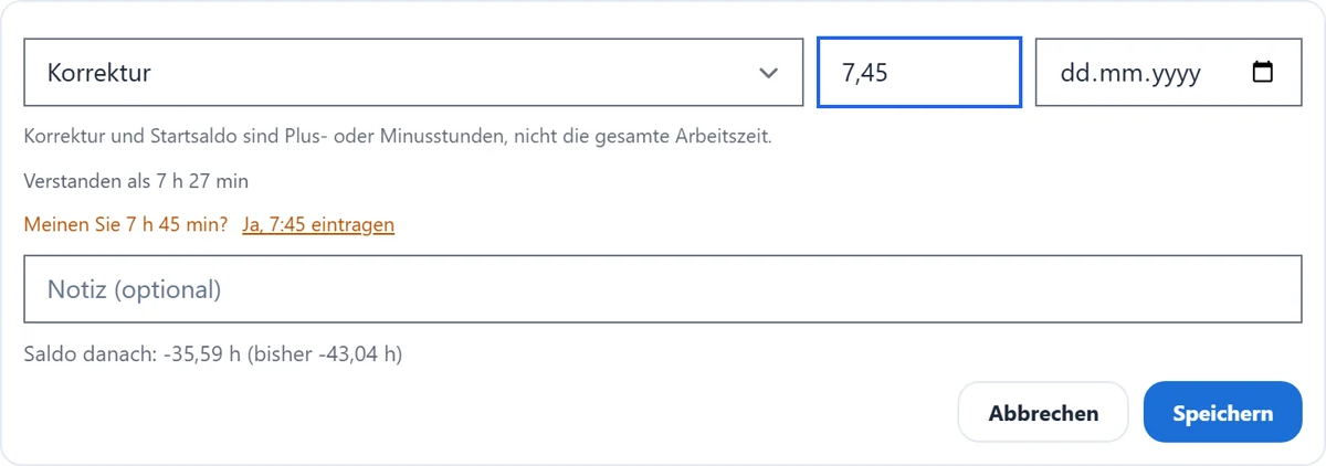 Für eine manuelle Buchung tippe „+ Buchung", wähle die Art (Korrektur/Auszahlung/Startsaldo/Kappung), gib Stunden (mit Vorzeichen), Datum und optional eine Notiz ein und speichere.